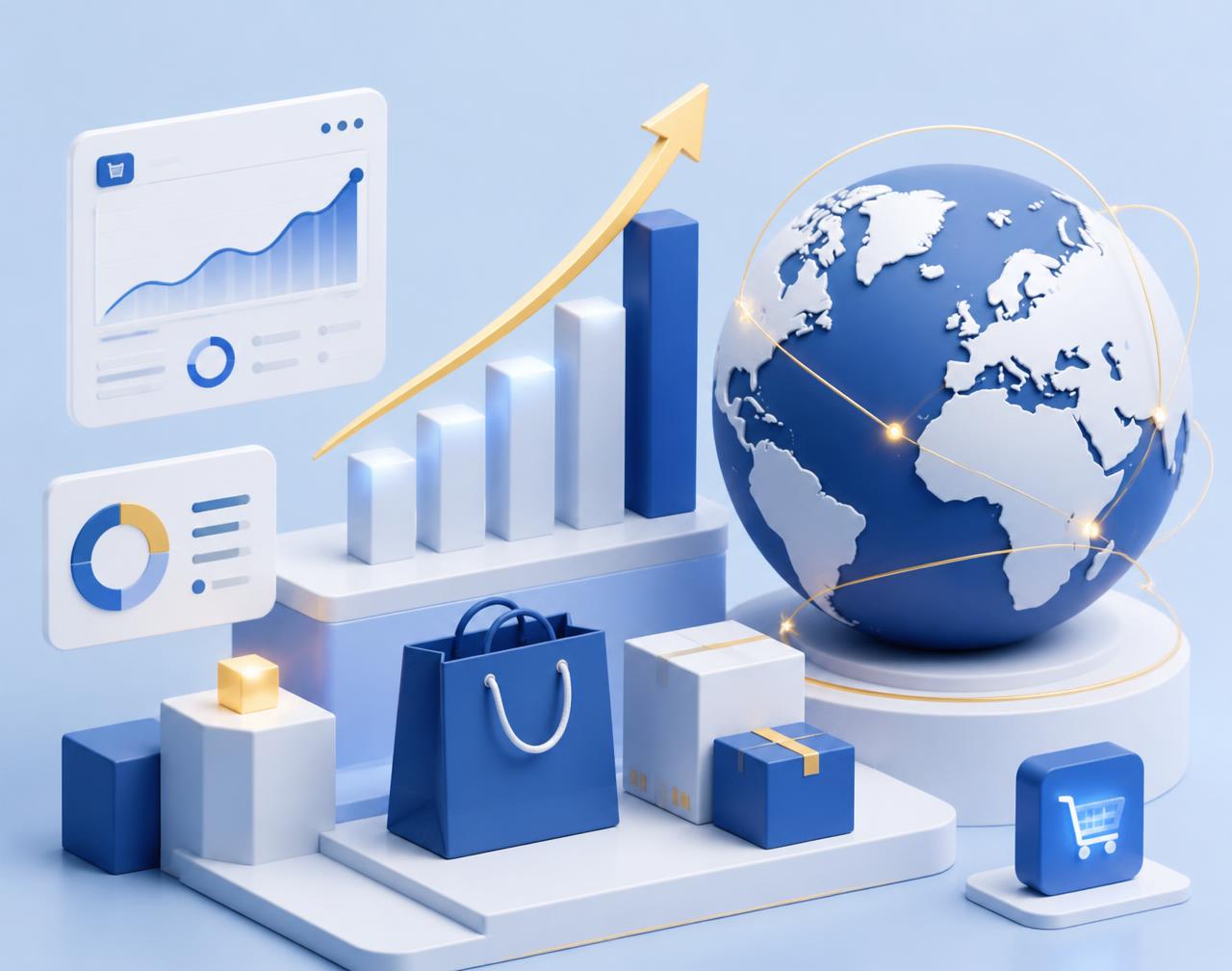 Illustration of ecommerce growth for CS Commerce: rising sales chart, shopping bag and parcels, and a globe with international shipping routes